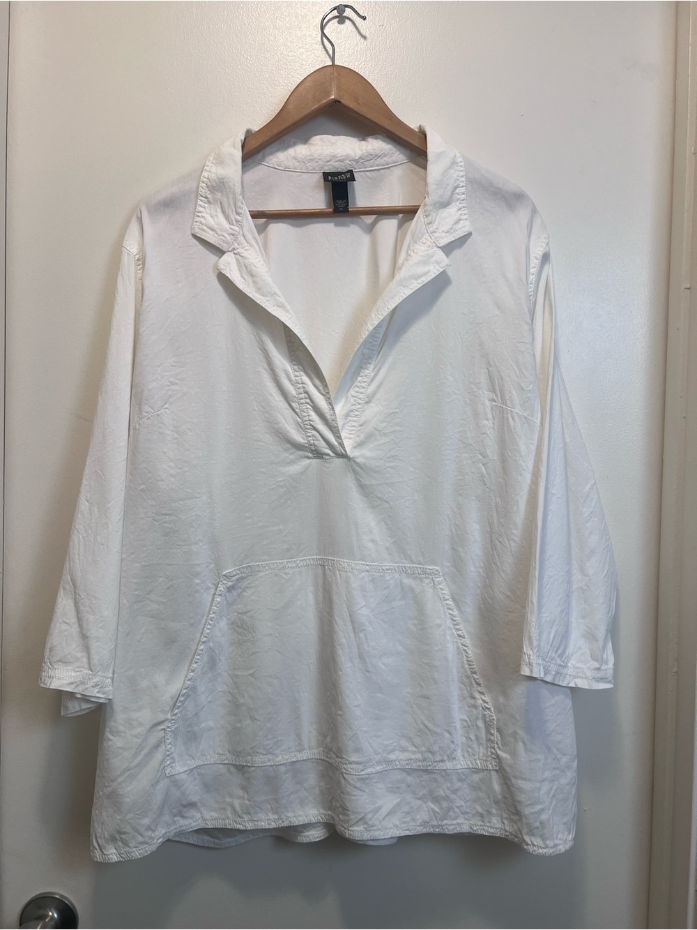 Eileen Fisher 1X White Linen Blend Tunic Kangaroo Pocket Coastal Lagenlook